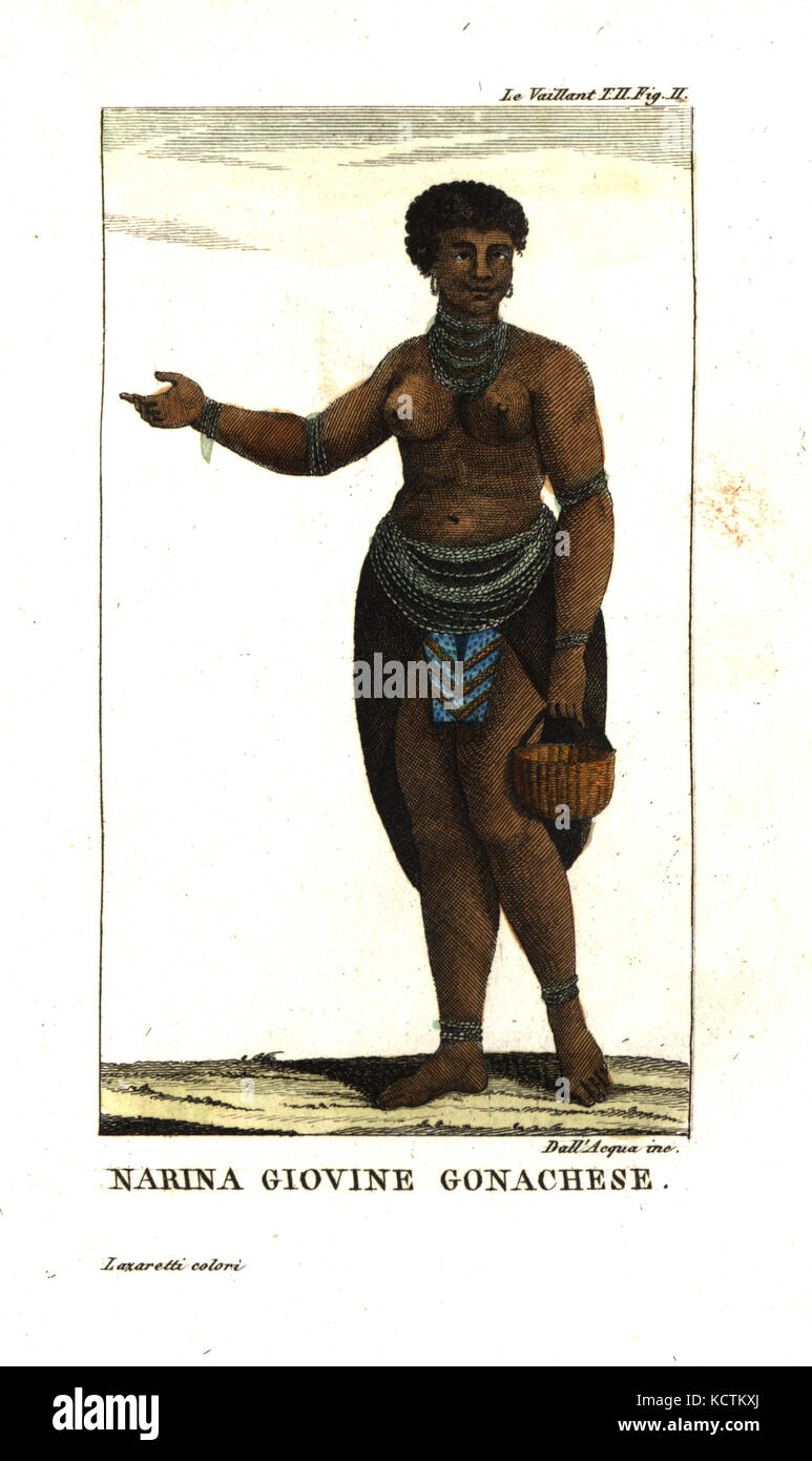 Narina, a young Gonaqua woman in the Kok's Kraal area of the Eastern Cape. French explorer Francois Le Vailllant became infatuated with her. From Francois Le Vaillant’s Second Voyage into the Interior of Africa. Copperplate engraving by Dell'Acqua handcoloured by Lazaretti from Giovanni Battista Sonzogno’s Collection of the Most Interesting Voyages (Raccolta de Viaggi Piu Interessanti), Milan, 1815-1817. Stock Photo