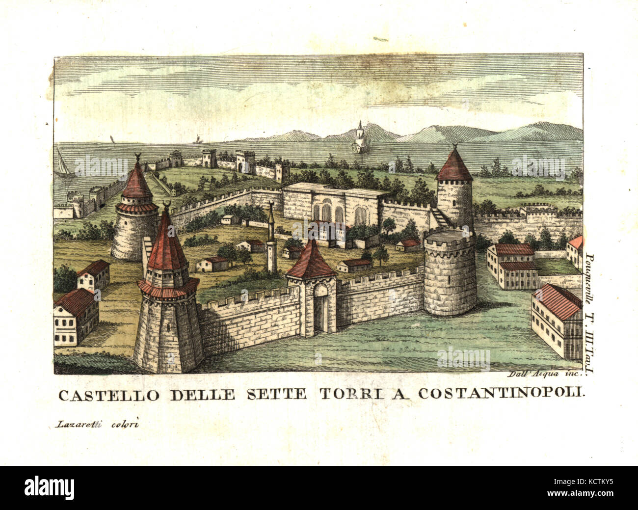 Castle of the Seven Towers (Yedikule Fortress), Constantinople (Istanbul), Turkey. Illustration from Francois Pouqueville’s Travels through More, Albania and several other parts of the Ottoman Empire, 1805. Copperplate engraving by Dell'Acqua handcoloured by Lazaretti from Giovanni Battista Sonzogno’s Collection of the Most Interesting Voyages (Raccolta de Viaggi Piu Interessanti), Milan, 1815-1817. Stock Photo