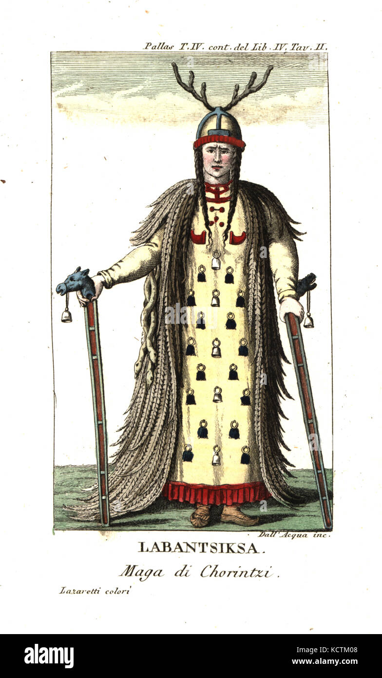 Labantsiksa, shaman of the Khorintzi Buryats people of Siberia. She wears a  helmet with antlers, leather dress decorated with bells, a cape with three  entwined serpents, and holds sticks with horse-head handles.