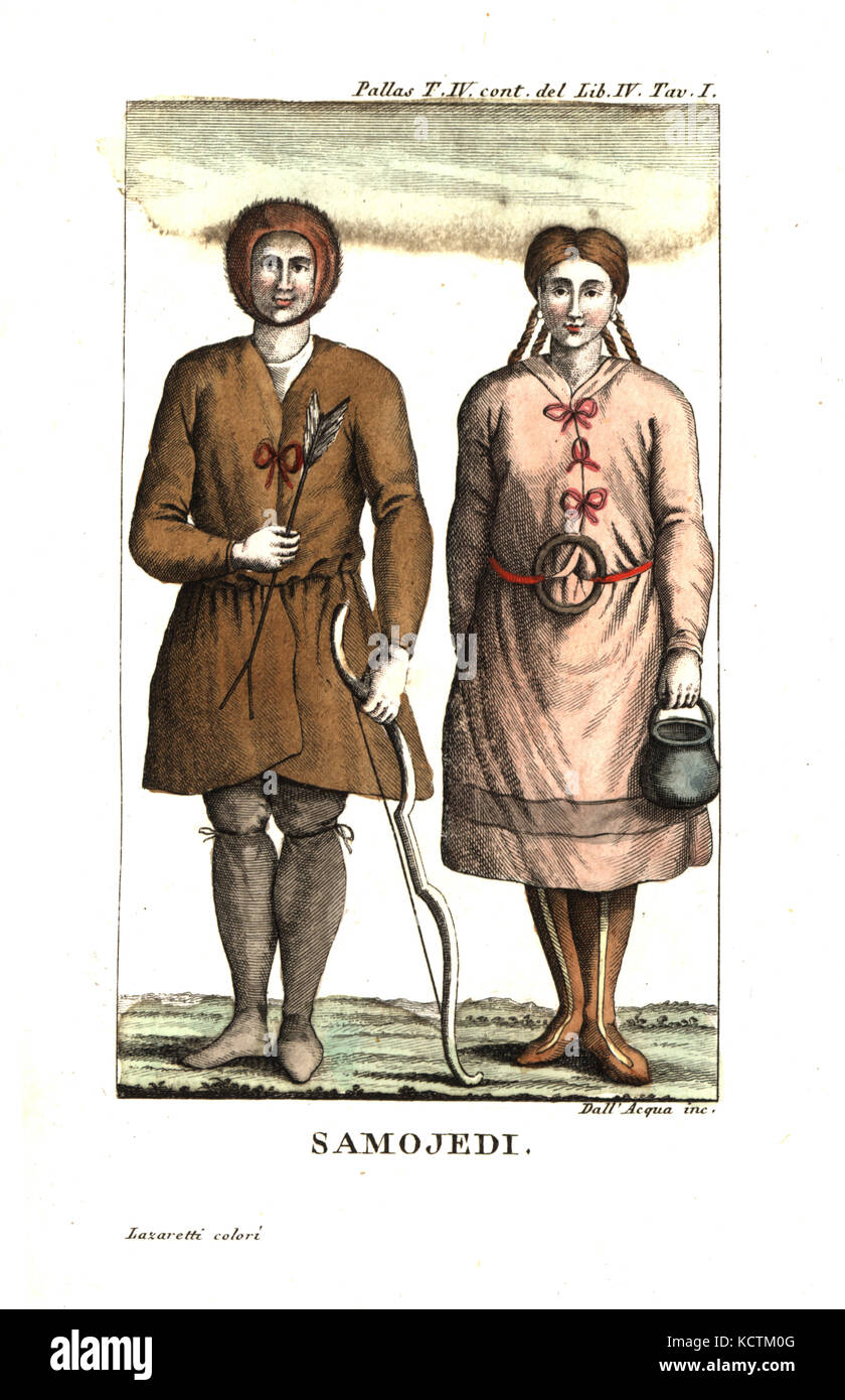 Man and woman of the Nenets or Samoyeds people. Illustration from Peter Simon Pallas’ Travels through the southern provinces of the Russia Empire, 1812. Copperplate engraving by Dell'Acqua handcoloured by Lazaretti from Giovanni Battista Sonzogno’s Collection of the Most Interesting Voyages (Raccolta de Viaggi Piu Interessanti), Milan, 1815-1817. Stock Photo
