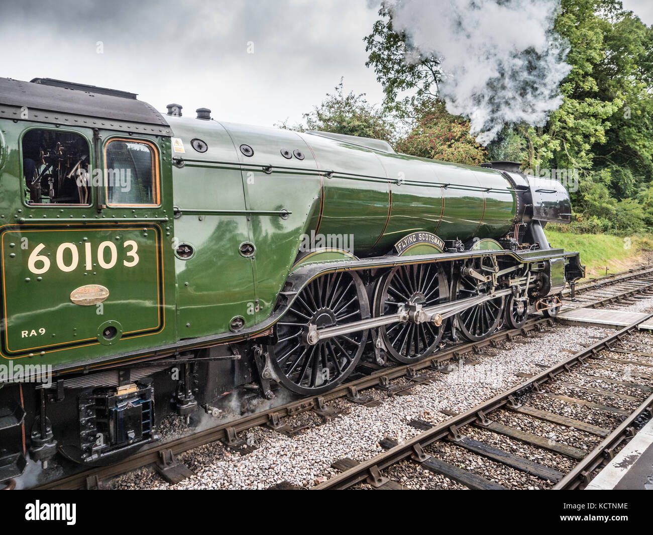 The Flying Scotsman 60103 steam locomotive at Crowcombe Heathfield railway station, Somerset, England, UK. Stock Photo