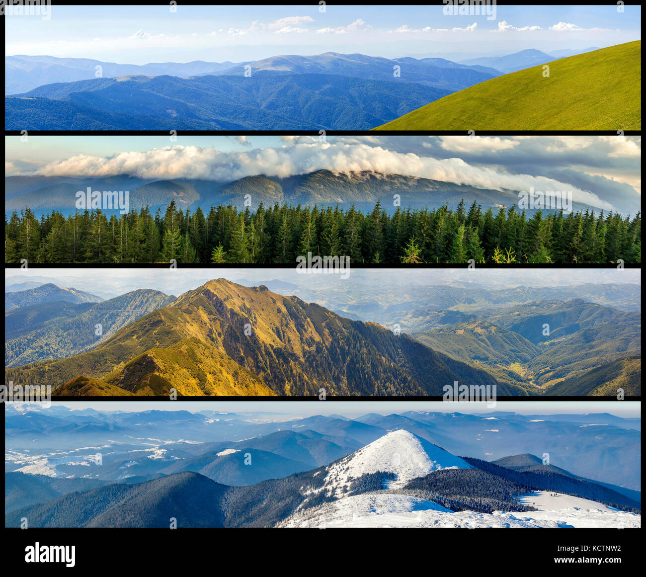 Four seasons mountains collage, several images of beautiful mountain