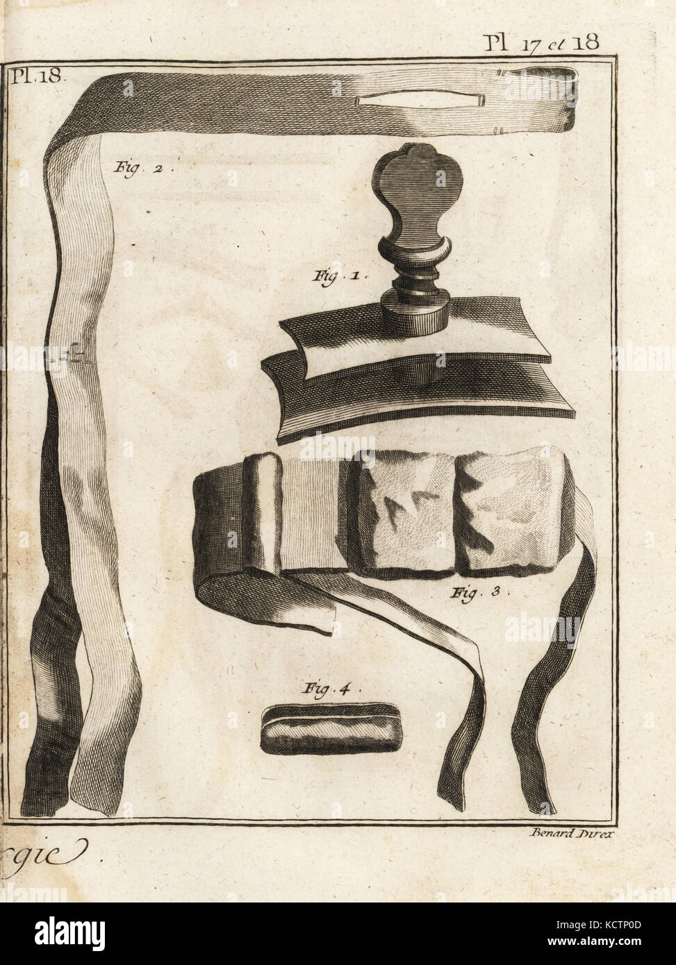 18th century surgeon Jean Louis Petit's screw tourniquet for compressing  blood vessels: tourniquet device 1, double band to adjust the tourniquet 2,  compress in chamois leather 3 and ball bearing 4. Copperplate
