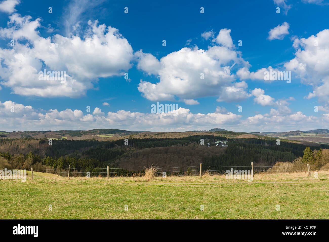 View over the southern Eifel hills near Daun, Germany with blue sky. Stock Photo