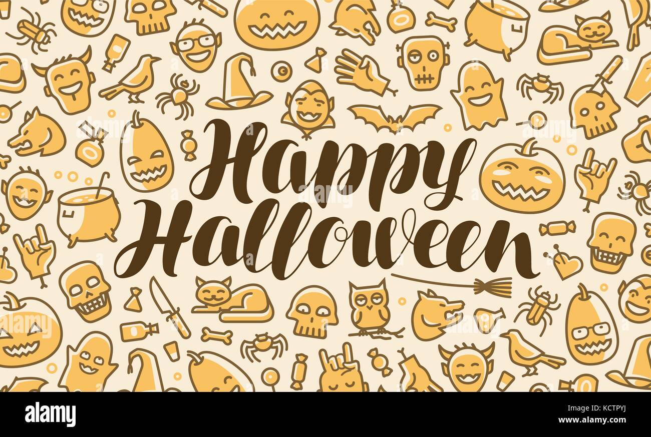 Happy Halloween, greeting card or banner. Holiday, festival, party concept Vector illustration Stock Vector