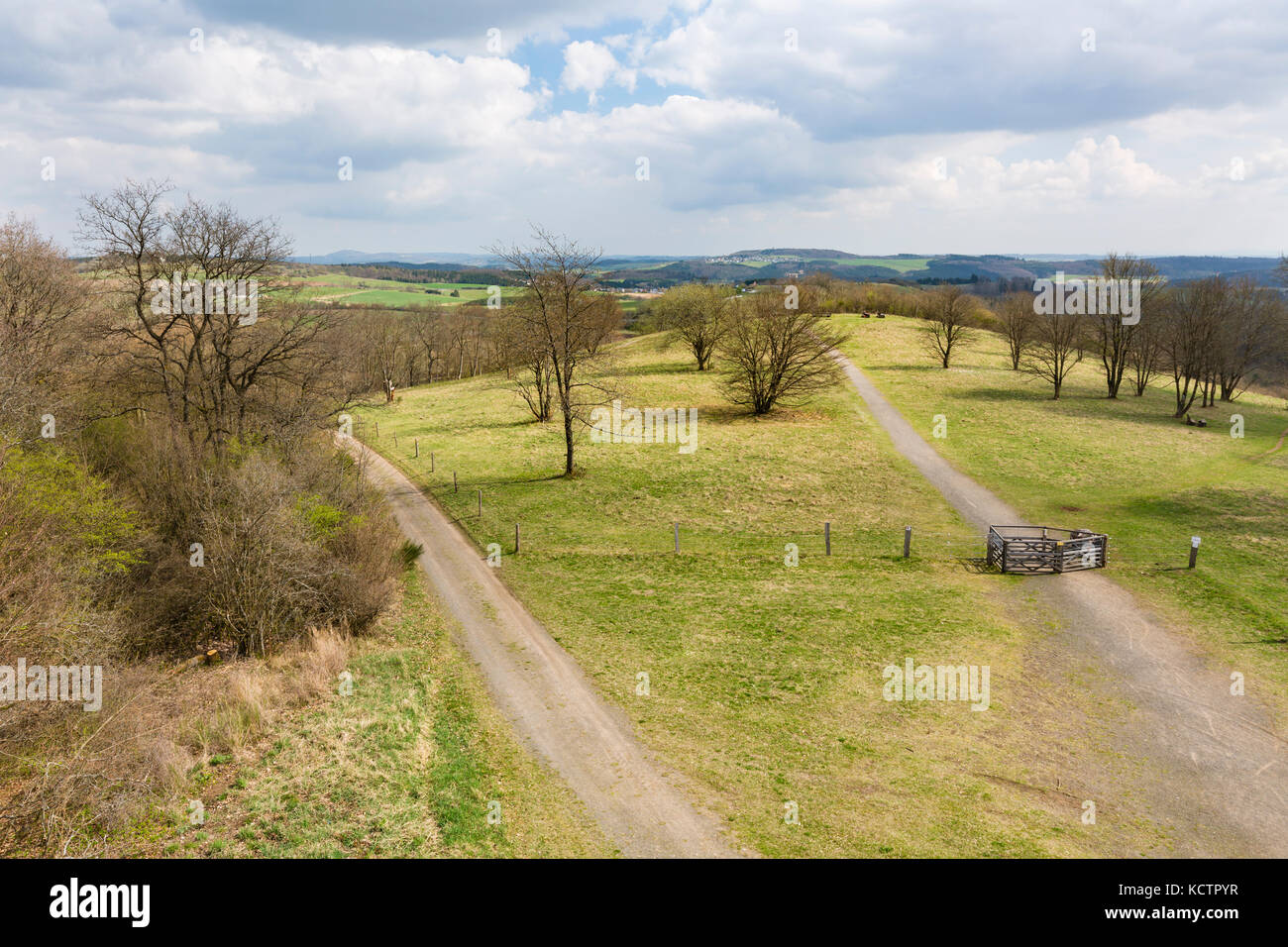 View from the Dronketurm over the Maeuseberg near Daun, Germany. Stock Photo