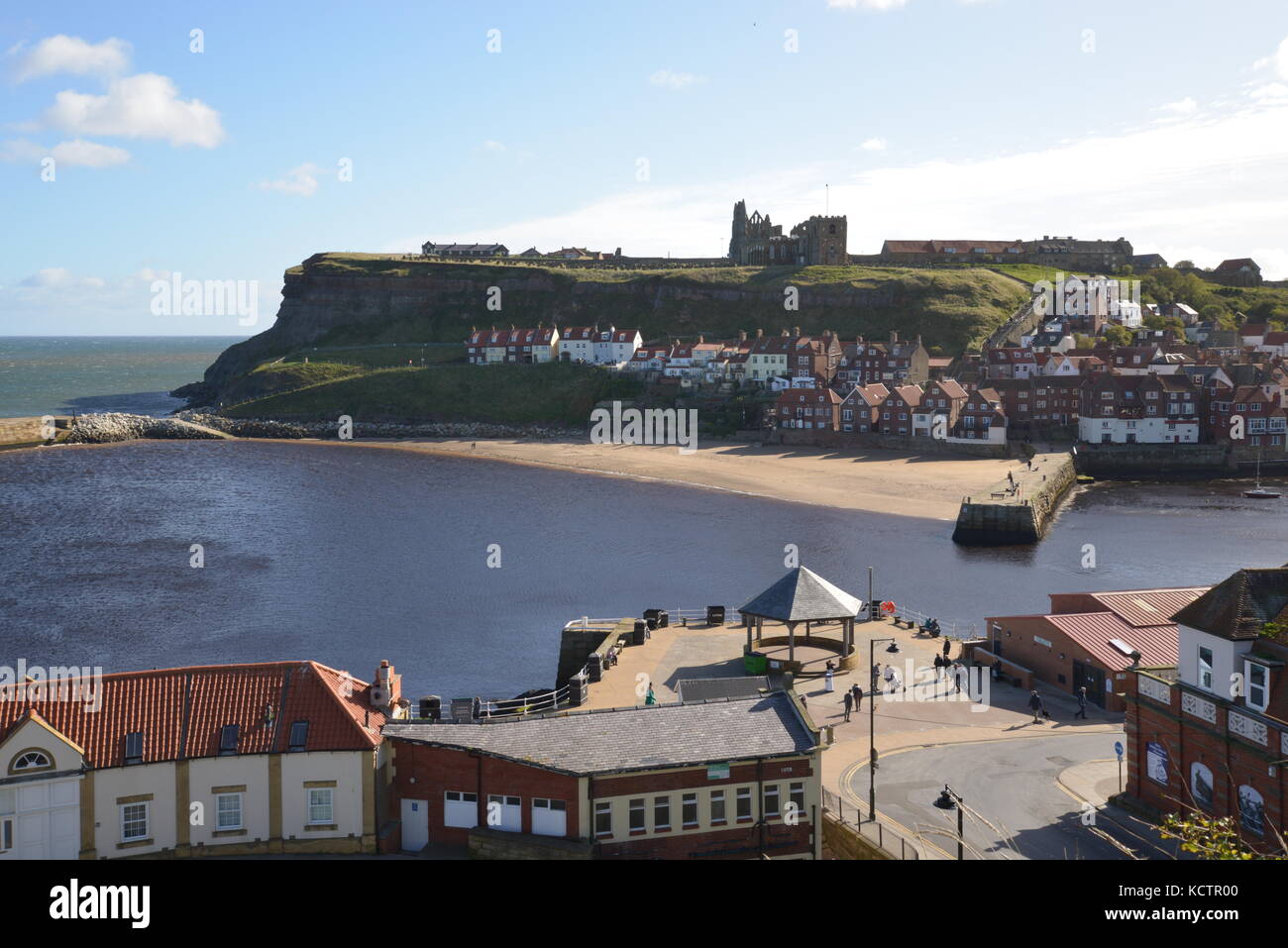 From an elevated position looking down over Whitby harbour on a sunny ...