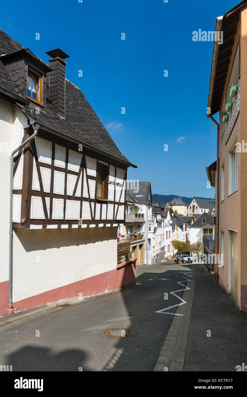 Steep road and old houses in the street In der Märtschelt in Cochem, Germany. Stock Photo