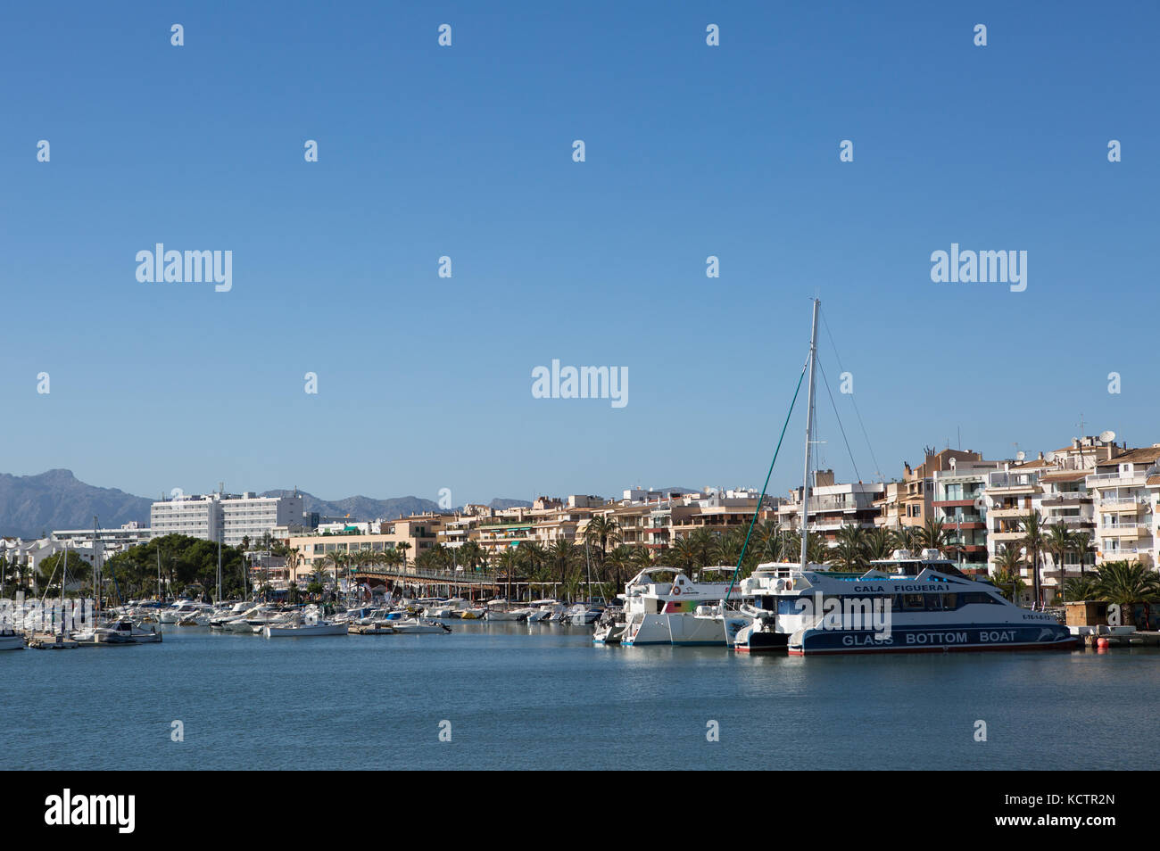 Boats moored at harbour, buildings  in background, Puerto de Alcudia, Alcudia, Majorca, Balearic Islands, Spain. Stock Photo
