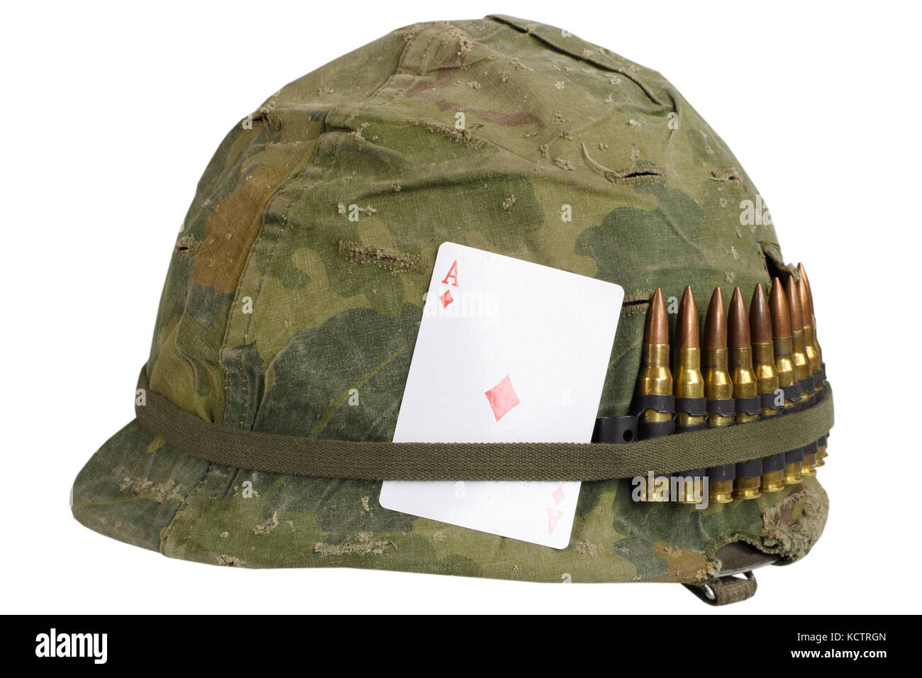 US Army helmet Vietnam war period with camouflage cover and ammo belt, dog  tag and amulet - playing card ace of diamonds Stock Photo - Alamy