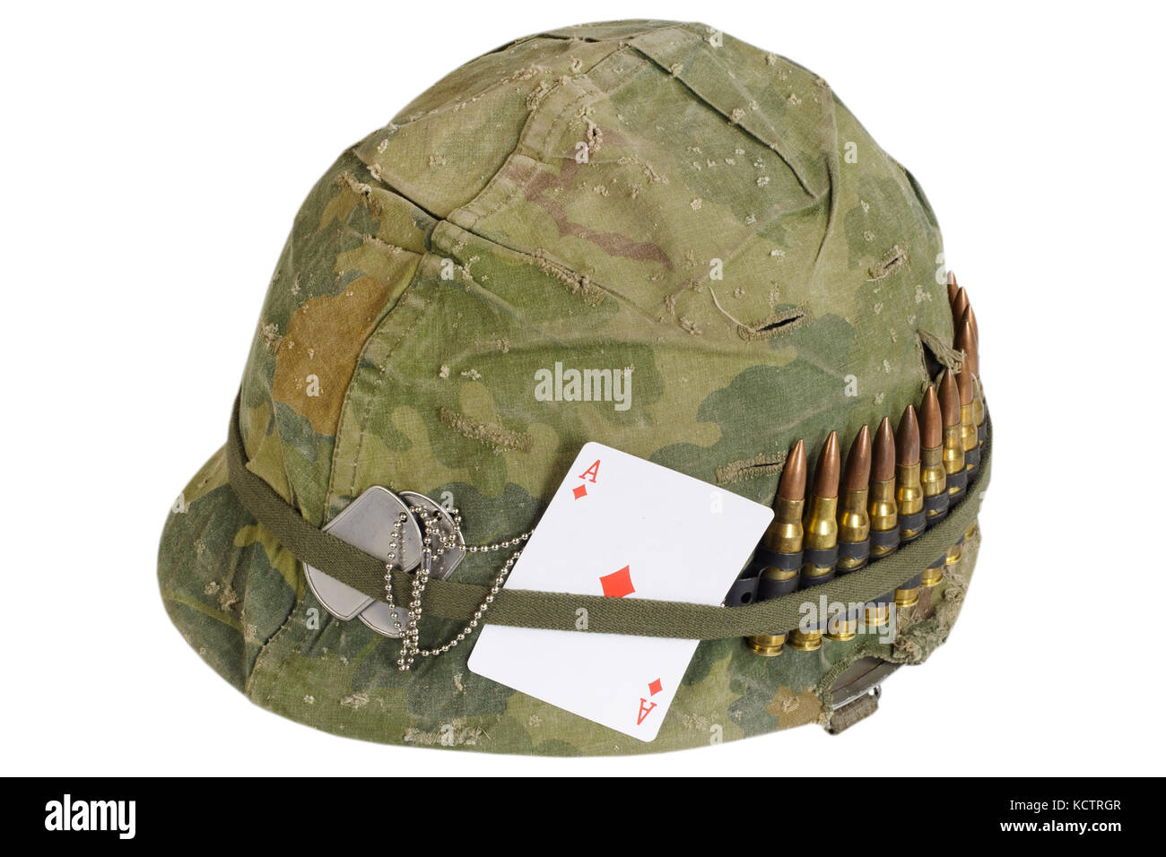 US Army helmet Vietnam war period with camouflage cover and ammo belt