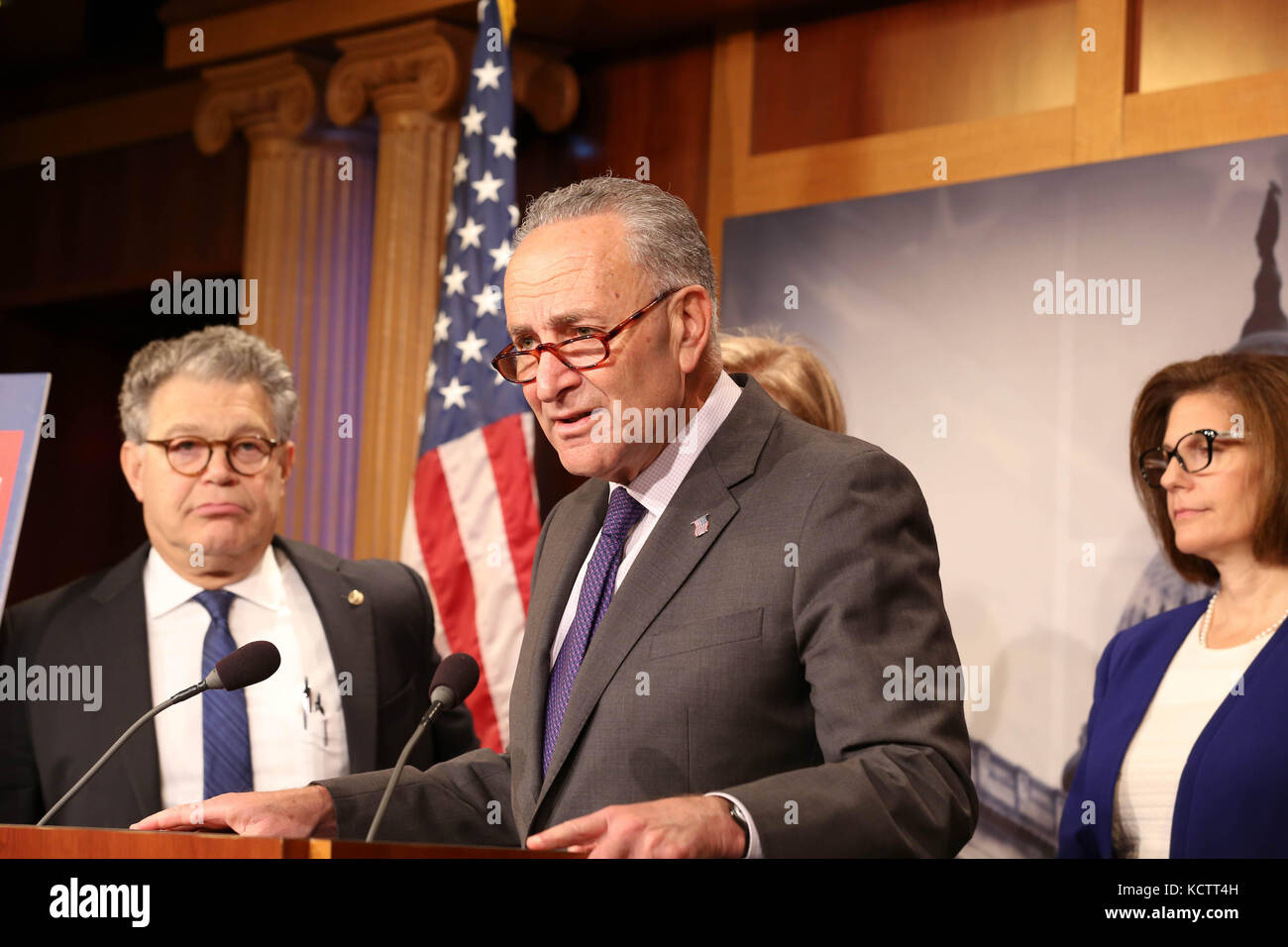 U.S Senator Minority Leader Chuck Schumer of New York, alongside fellow Democrats holds a press conference in the wake of a massive data breach at Equifax and a scandal at Wells Fargo on Capitol Hill September 27, 2017 in Washington, DC. Stock Photo