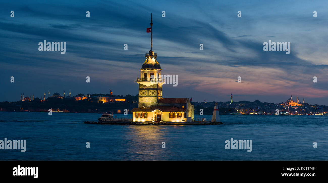 Maidens Tower (Kiz Kulesi) and Golden Horn at sunset panorama, Istanbul, Turkey Stock Photo