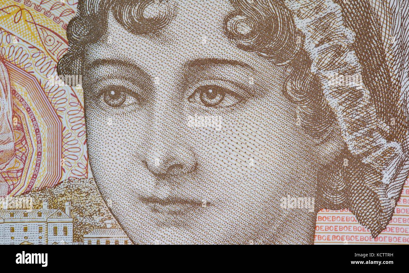 A close-up photograph of Jane Austen on the new 2017 ten pound note Stock Photo