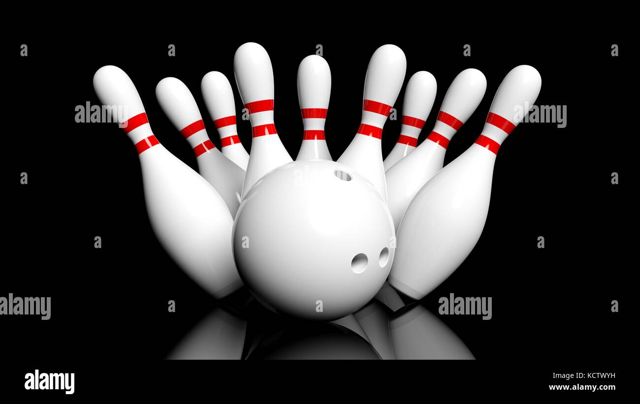 Bowling ball and pins isolated on black background Stock Photo