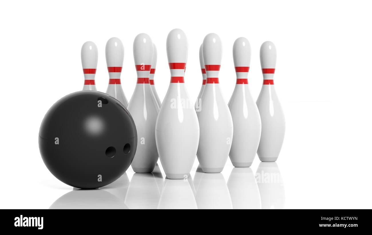 Bowling ball and pins isolated on white background Stock Photo