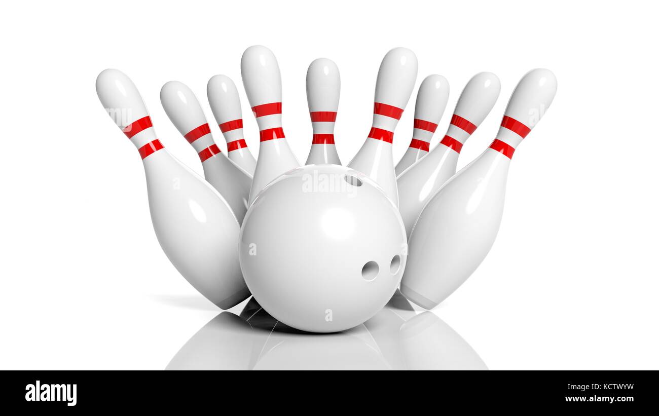 Bowling ball and pins isolated on white background Stock Photo