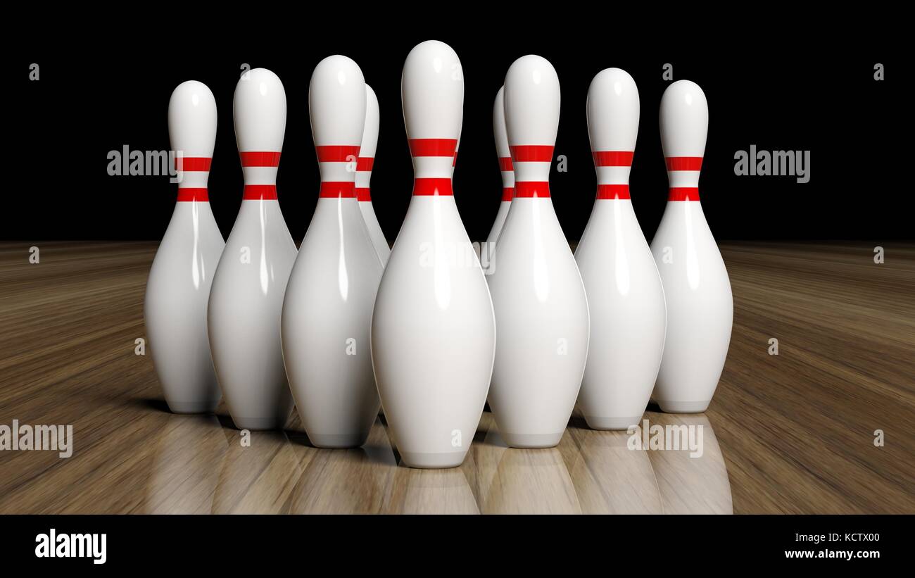 Bowling pins set on wooden floor Stock Photo Alamy