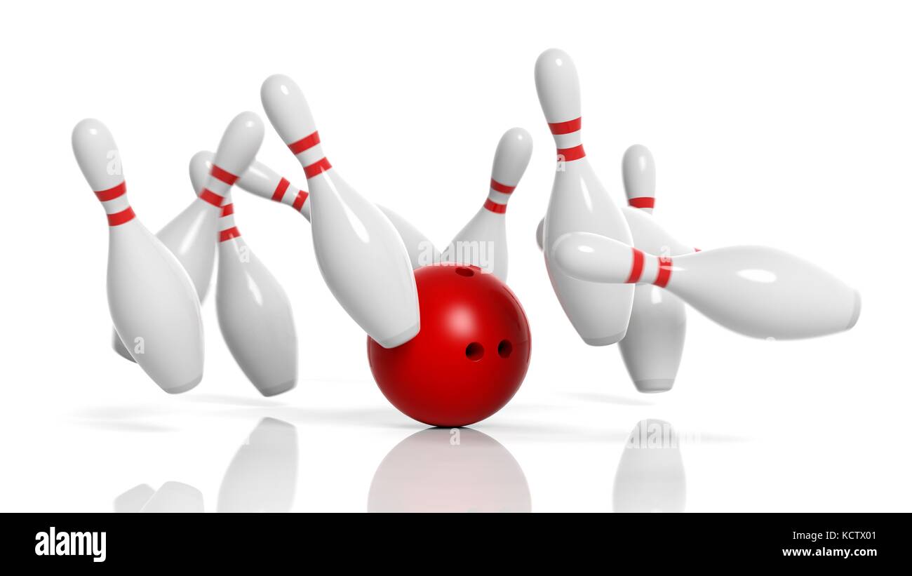 Bowling ball and pins in motion isolated on white background Stock Photo