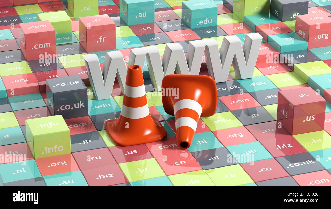 WWW letters, traffic cones and cubes with domain extensions Stock Photo