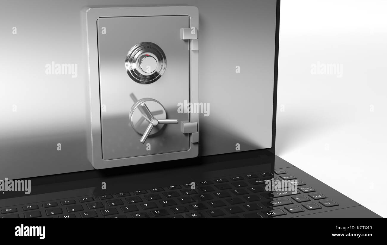 Bank safe on laptop screen closeup isolated on white Stock Photo - Alamy