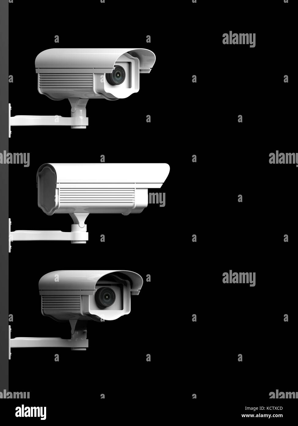 Three security surveillance cameras side view isolated on black