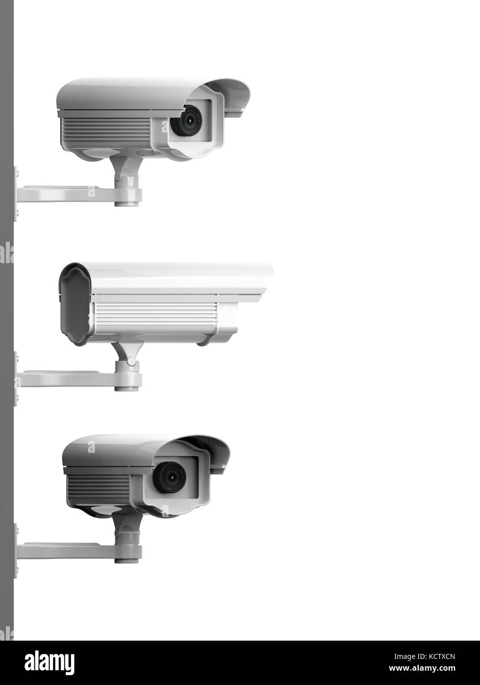 Three security surveillance cameras side view isolated on white
