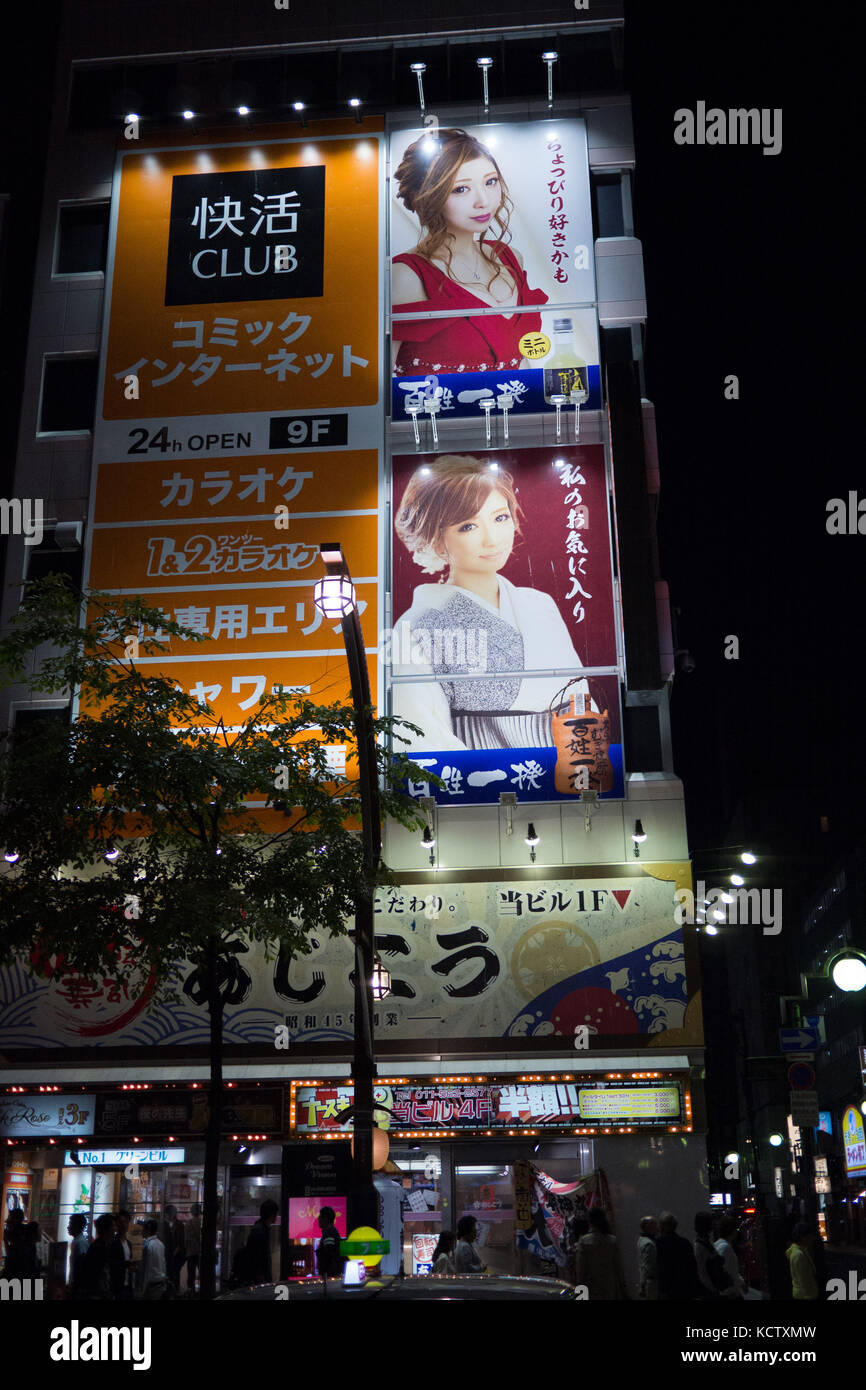 Night shot of hostess club billboards showing kimono and red dress wearing Japanese women.  Hiragana and kanji signs with club names and karaoke. Stock Photo