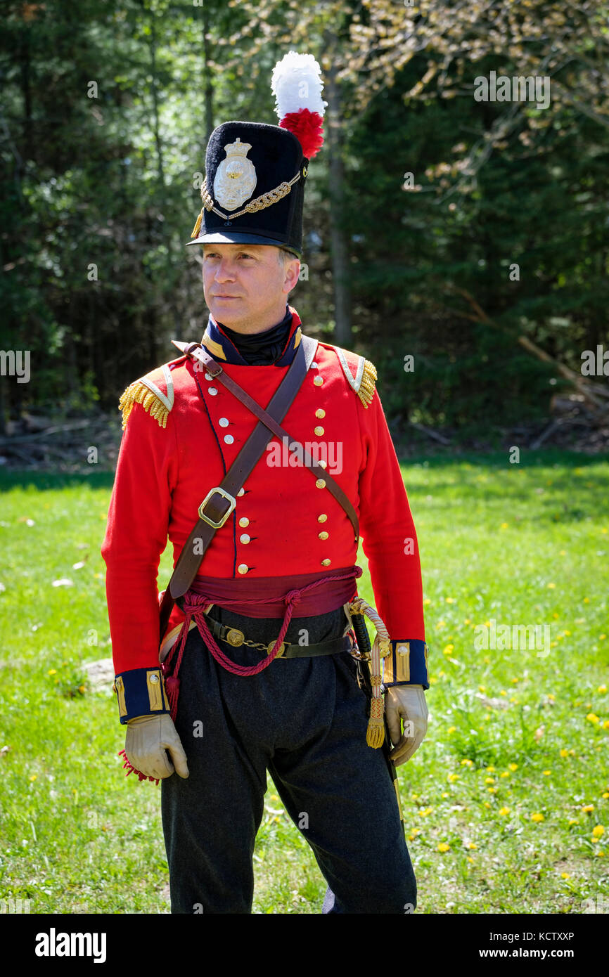 Battle of Longwoods reenactment, Anglo-American War of 1812, British officer re-enactor posing for a photo in Delaware, Ontario, Canada. Stock Photo