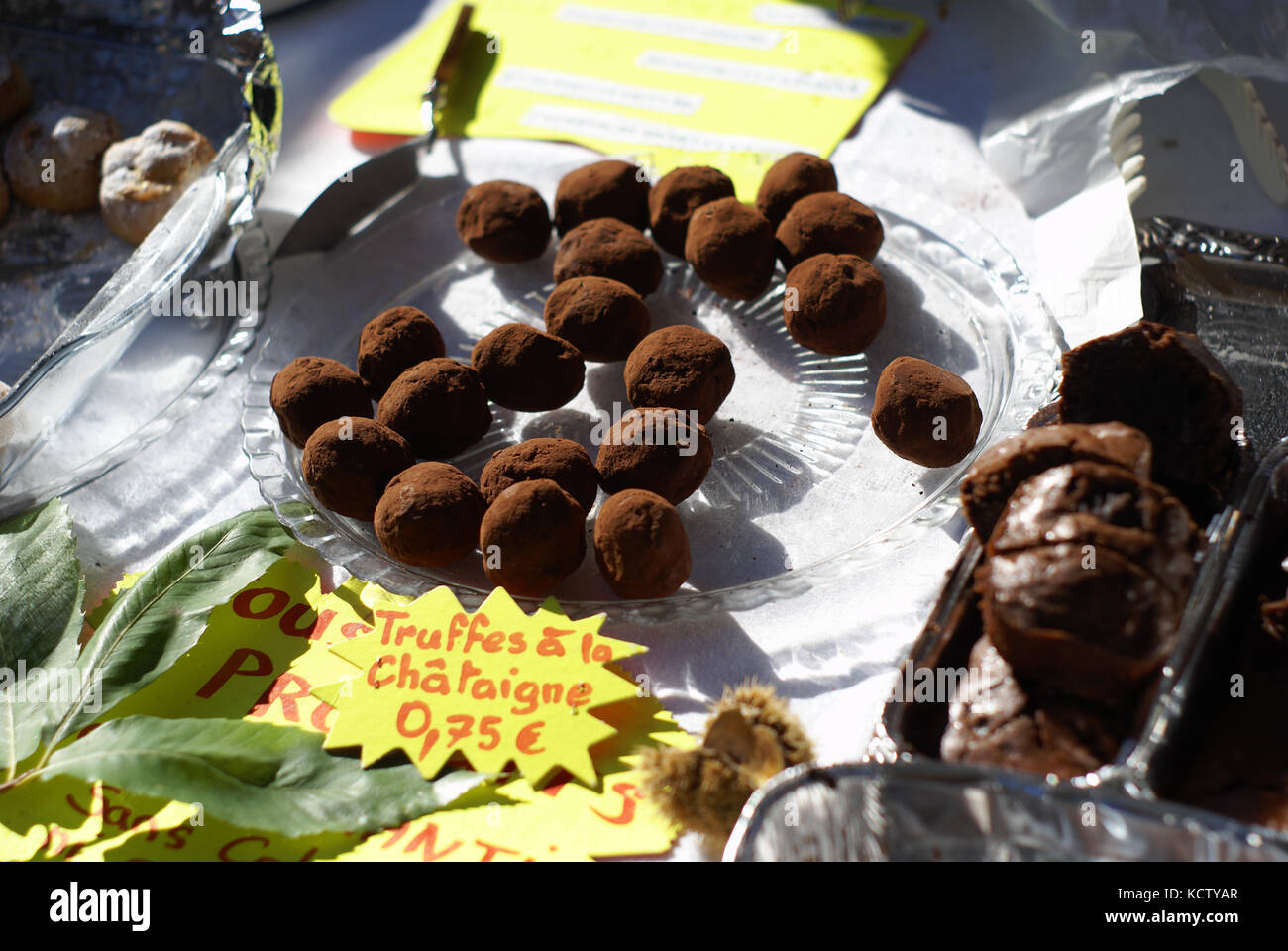 Truffles chocolate-chesnut sold during the chesnut festival in a village market in french riviera. Stock Photo