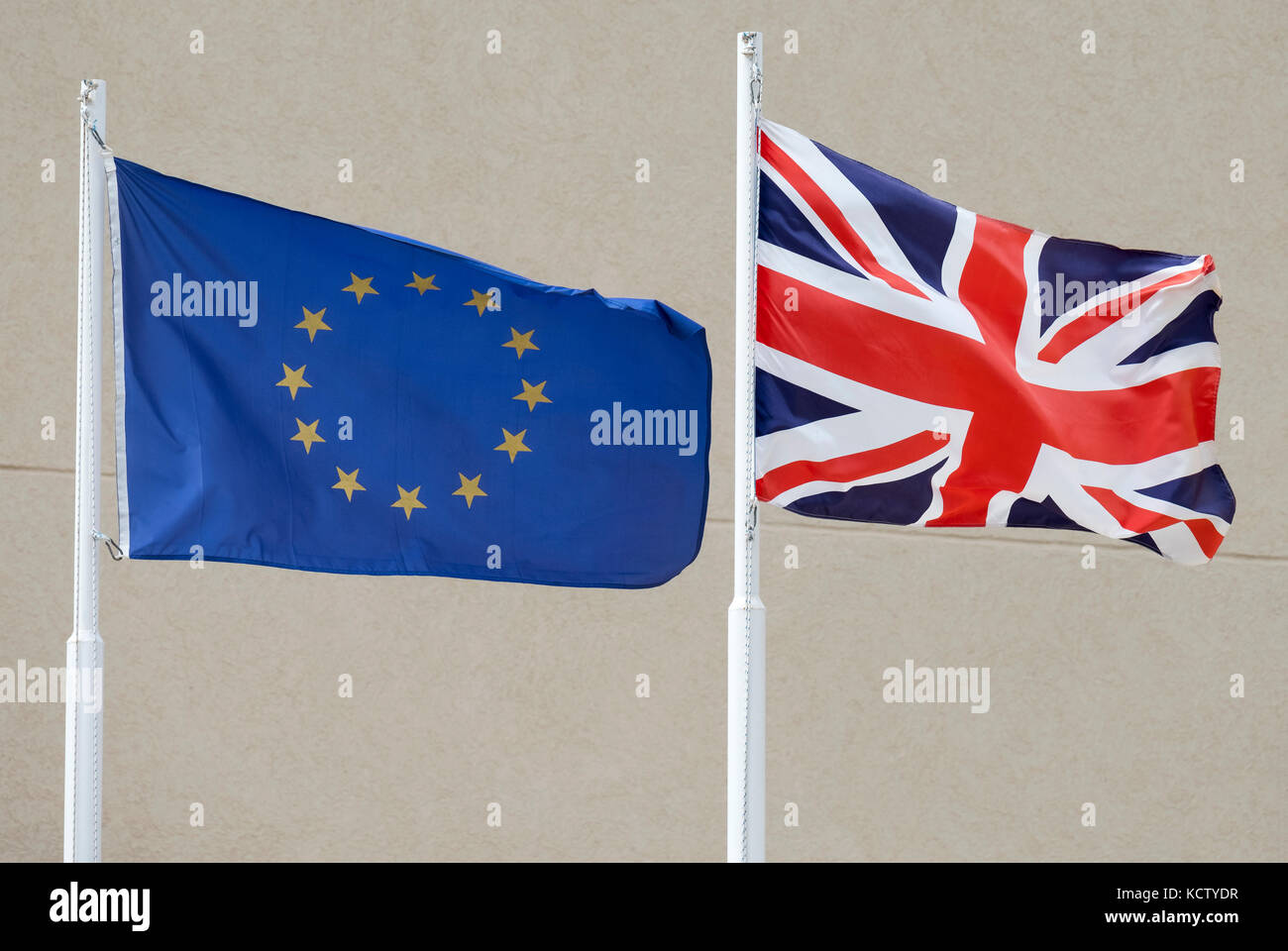 The European Union and British (Union Jack)  flags fly side by side in Cyprus. Stock Photo