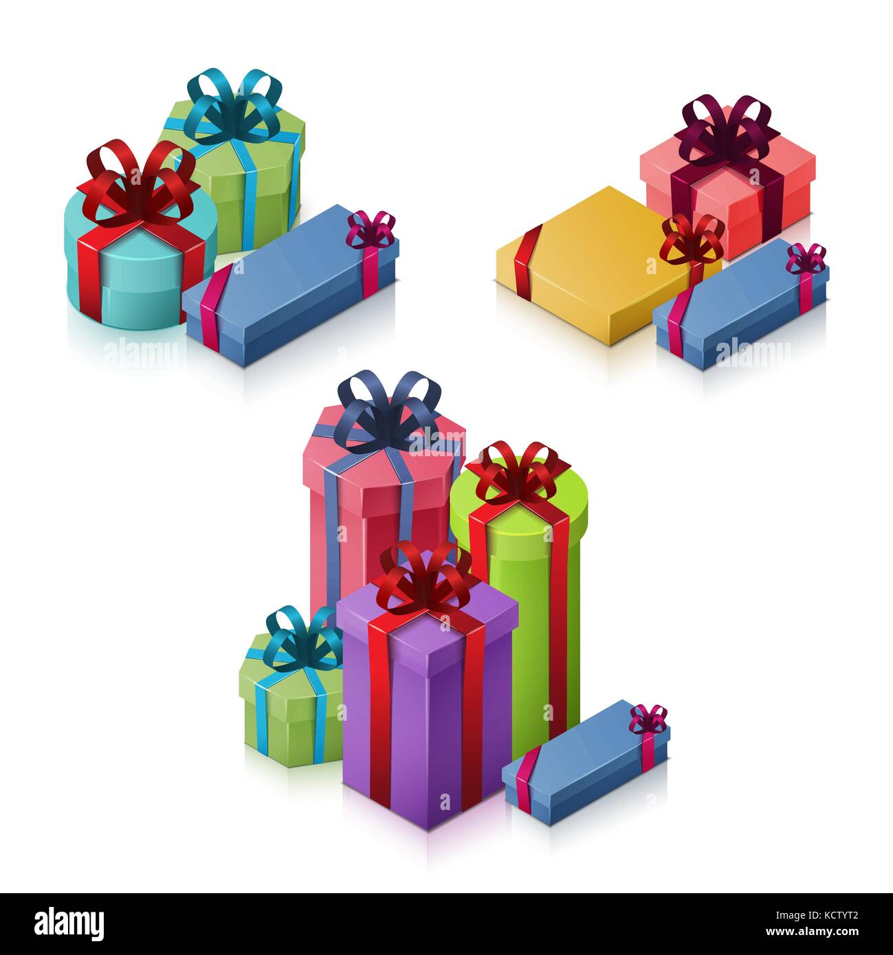 Set of gift boxes with bows and ribbons. Isometric illustration  Stock Vector
