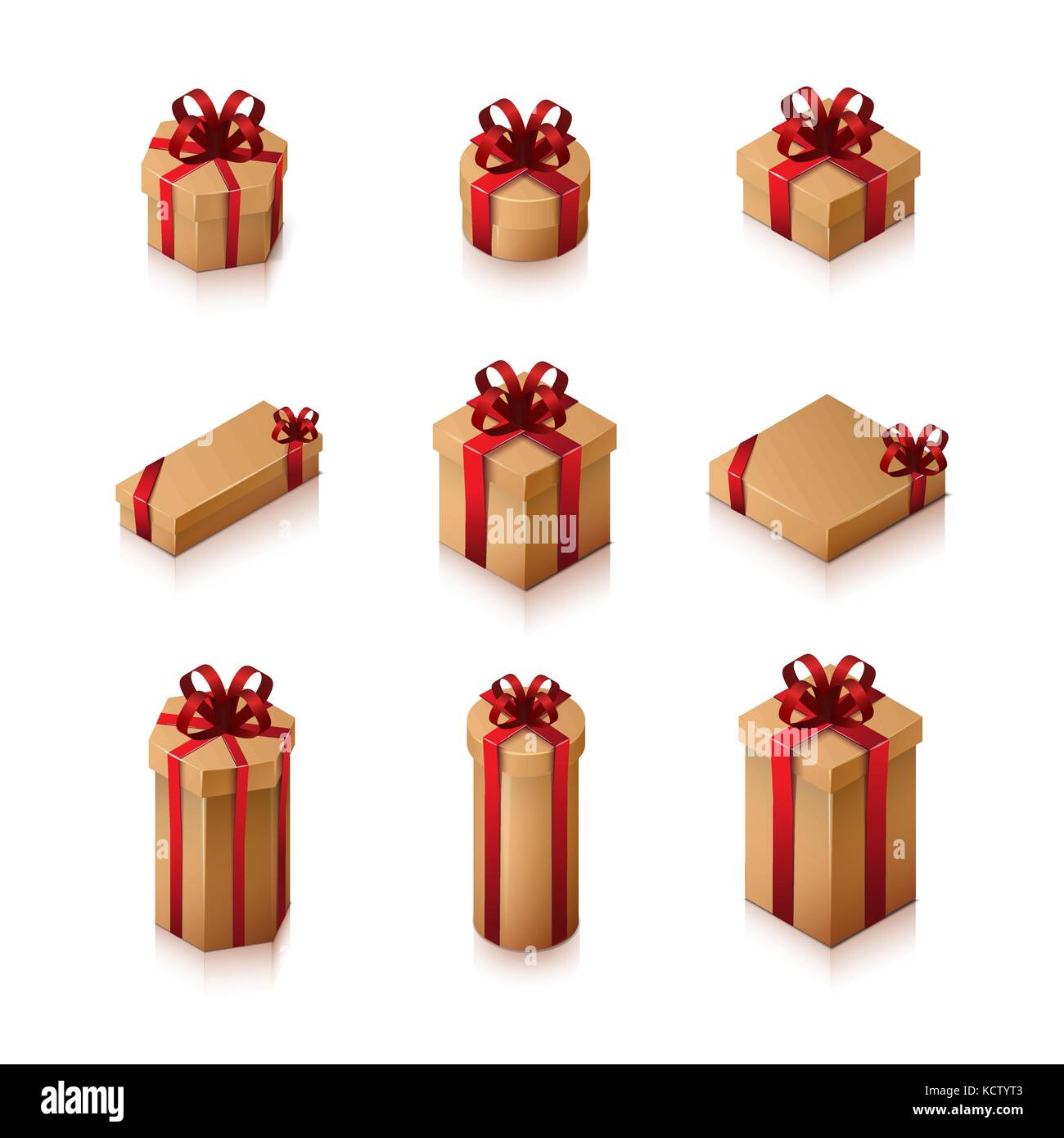 Set of gift boxes with bows and ribbons. Isometric illustration  Stock Vector