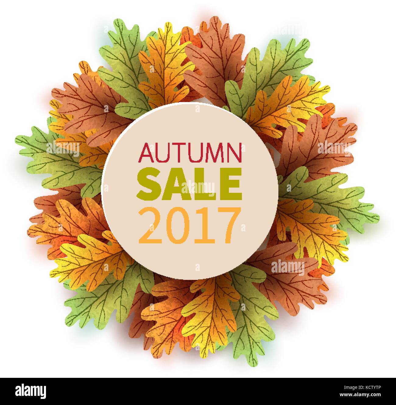 Autumn leaves. Bright colourful autumn oak leaves. Template for placards. Seasonal sale in shop. Vector Illustration   Stock Vector