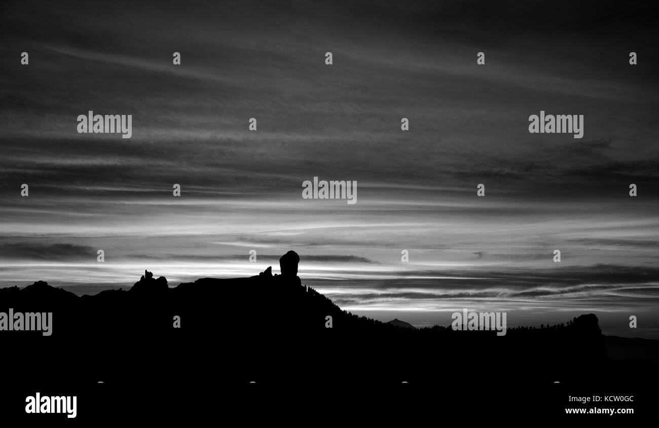 Natural park of Roque Nublo at sunset, monochrome effect, Canary islands Stock Photo