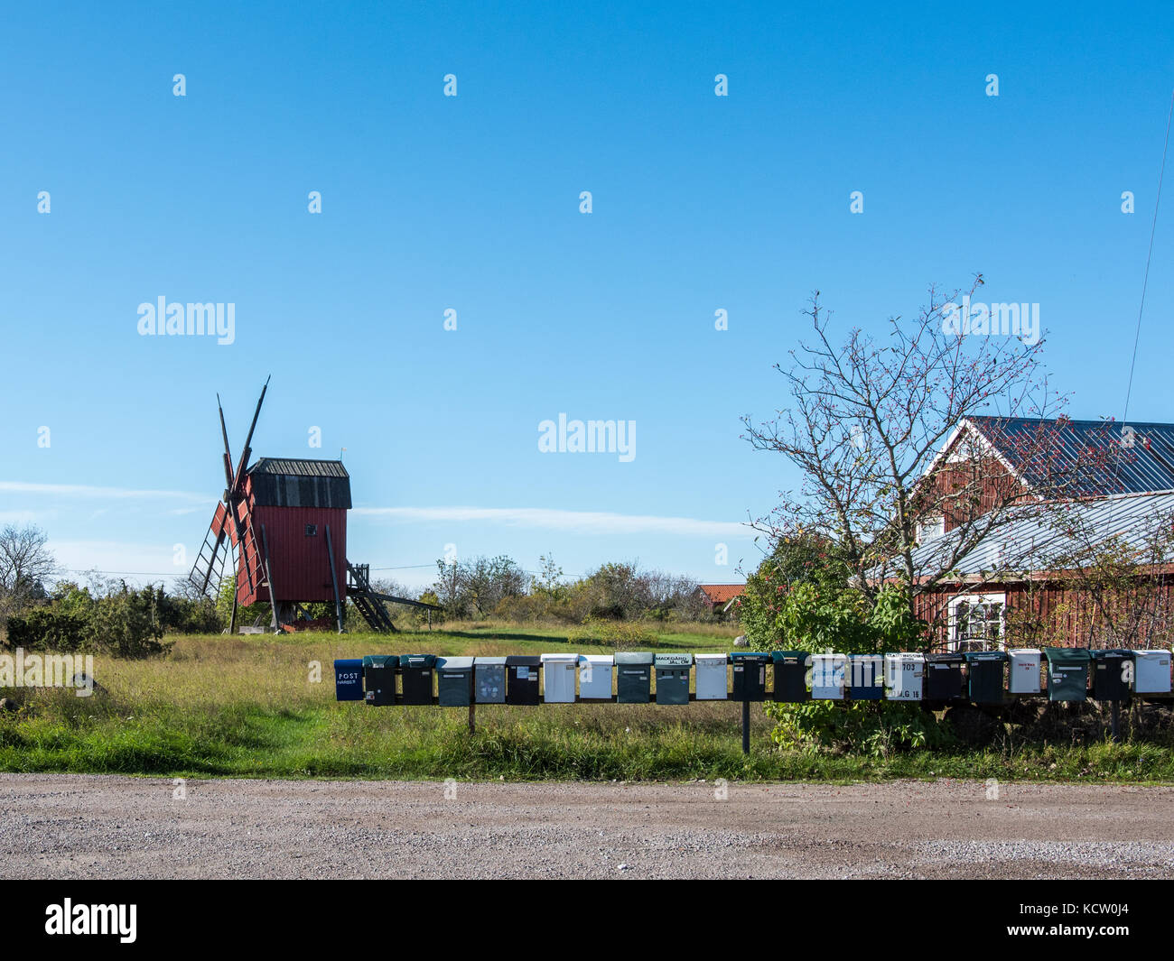 Traditional windmill on Swedish island Oland in the Baltic Sea. Windmills are a common sight on Oland. Stock Photo