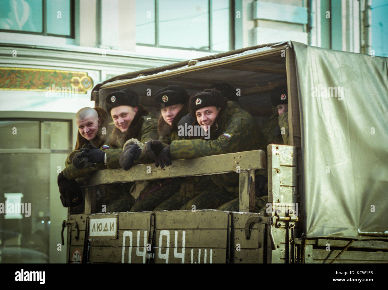 Russian soldiers transported in a truck in Moscow Stock Photo