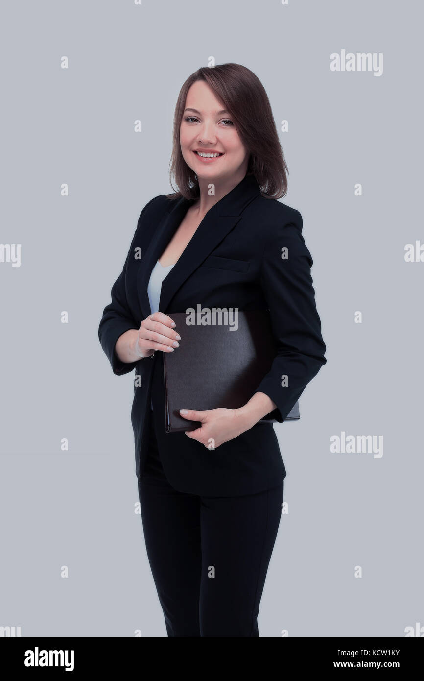 Portrait of happy smiling business woman with brown folder Stock Photo ...