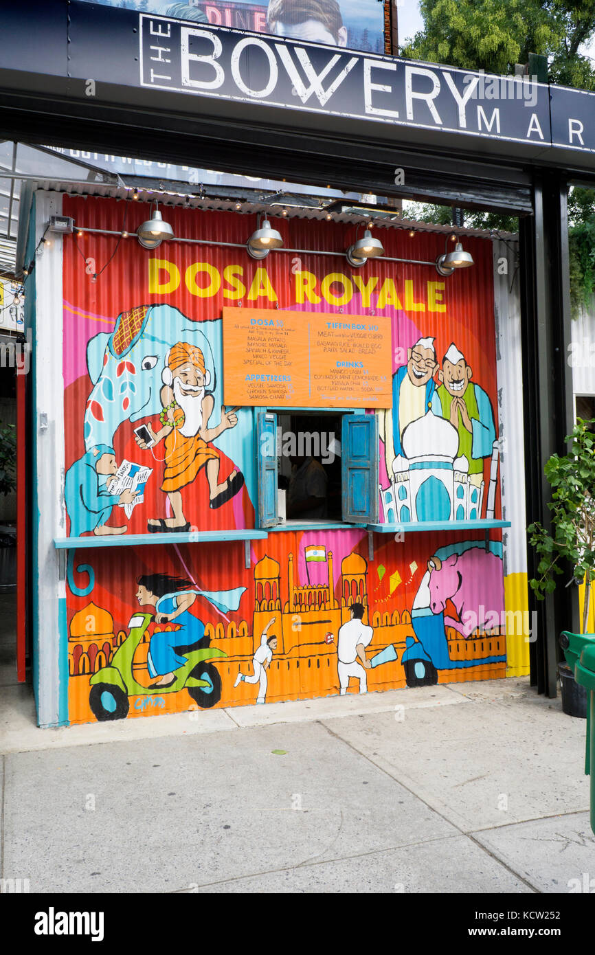 The exterior of Dosa Royale, an Indian food stand specializing in dosas. At the Bowery Market Parantha Alley on Great Jones St. in lower Manhattan. Stock Photo