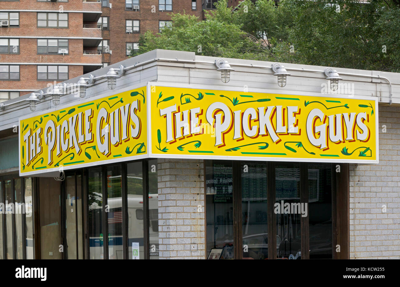 A sign outside The Pickle Guys store on Grand Street on the Lower East Side of Manhattan, a remnant of the Jewish immigrant population that lived here Stock Photo