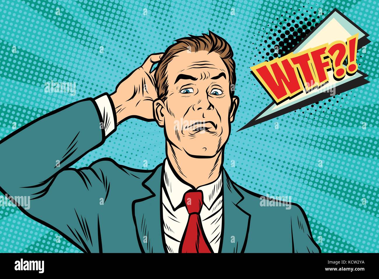 wtf Businessman puzzled and confused. Pop art retro vector illustration Stock Vector