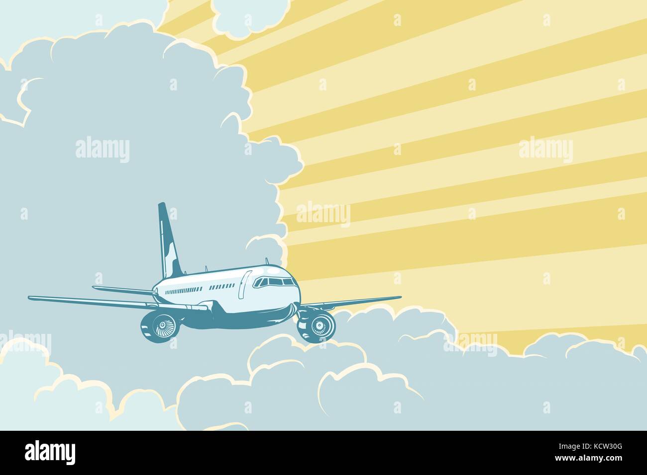 Retro airplane flying in the clouds. Air travel background. Pop art ...