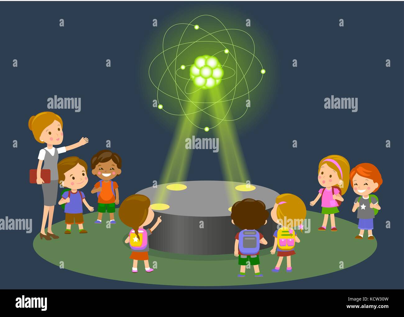 Education, elementary school, learning, technology and people concept - group of school kids looking to carbon atom hologram on physics lesson of futu Stock Vector
