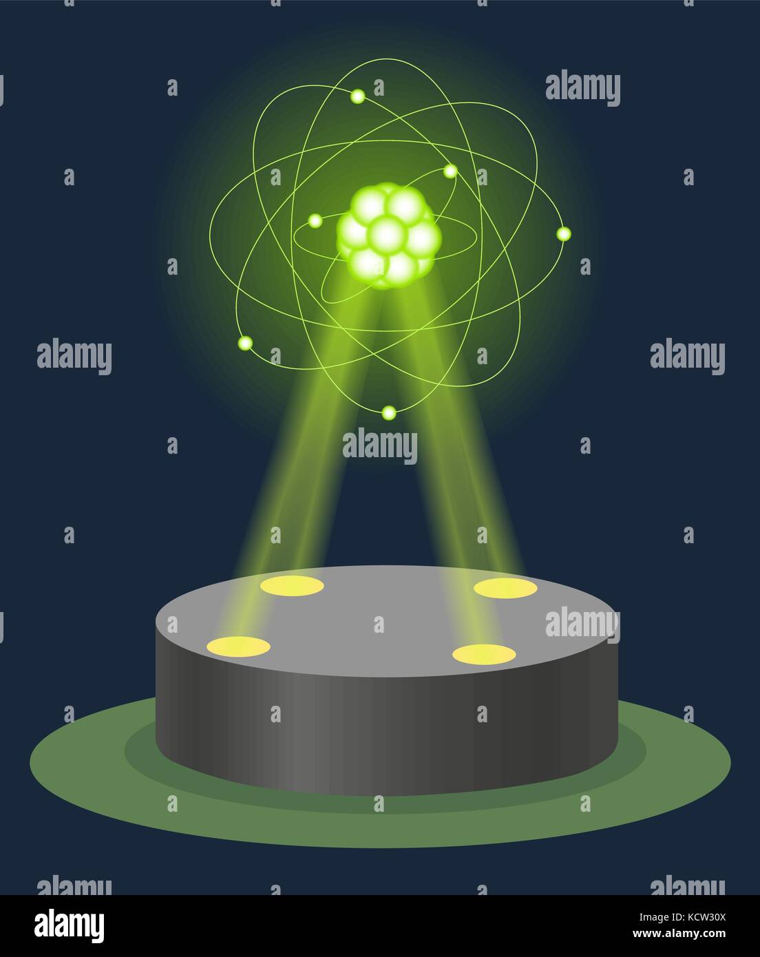 Innovation museum carbon atom structure hologram on illuminated pedestal. Future technology physics and chemistry lesson education. Virtual show vecto Stock Vector