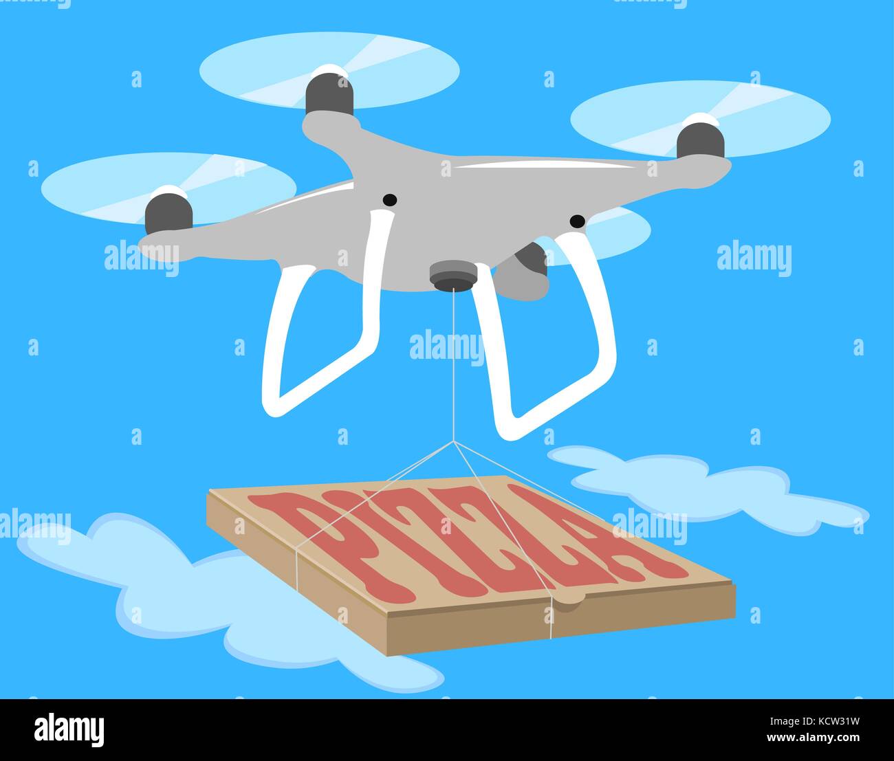 Gray drone quadcopter fly in blue sky. Pizza delivery quad isolated icon. Spy photo videography. Innovation technology camera vector illustration. Stock Vector