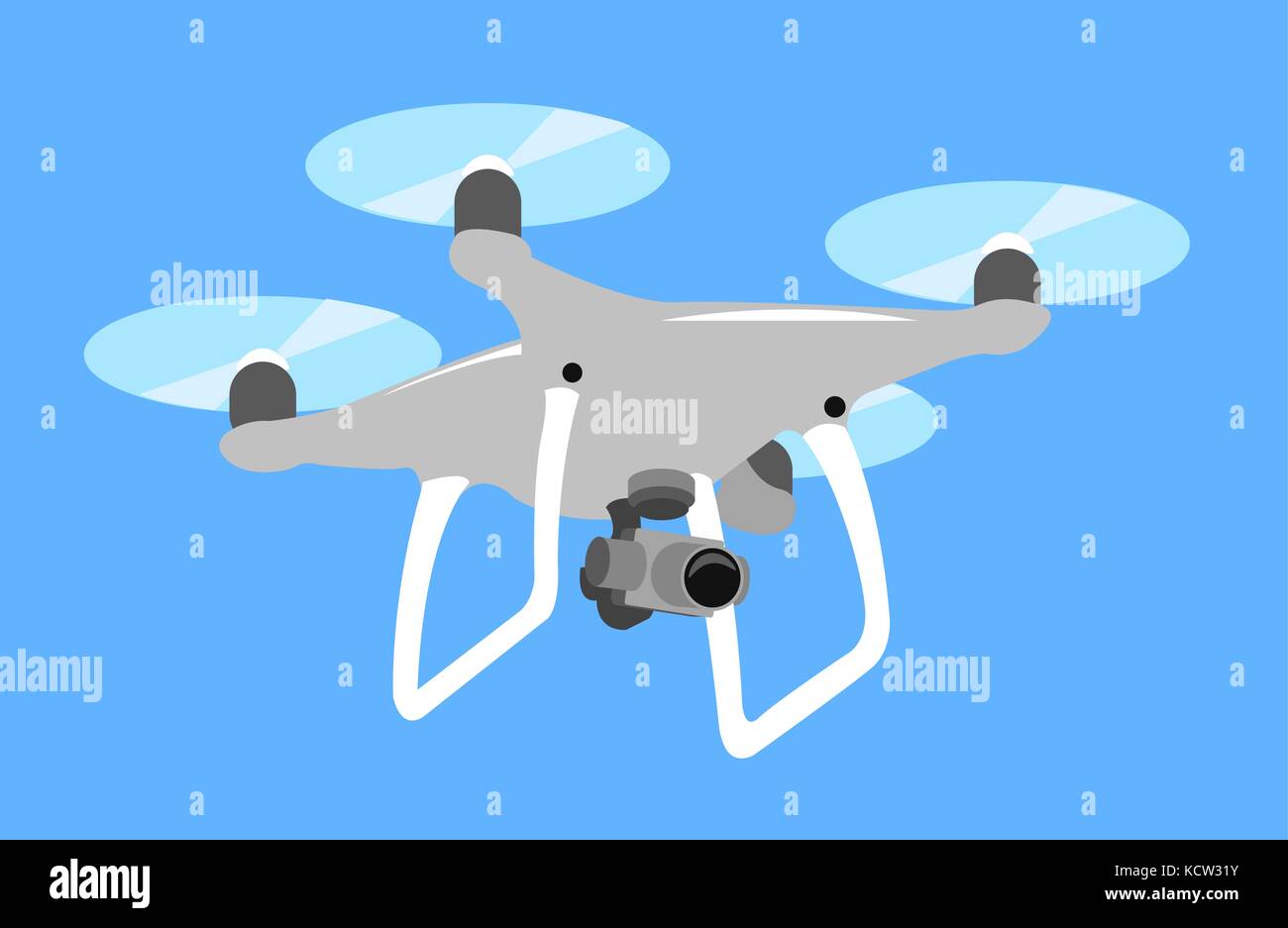 Gray drone quadcopter fly in blue sky. quad isolated icon. Spy photo videography. Innovation technology camera vector illustration. Stock Vector