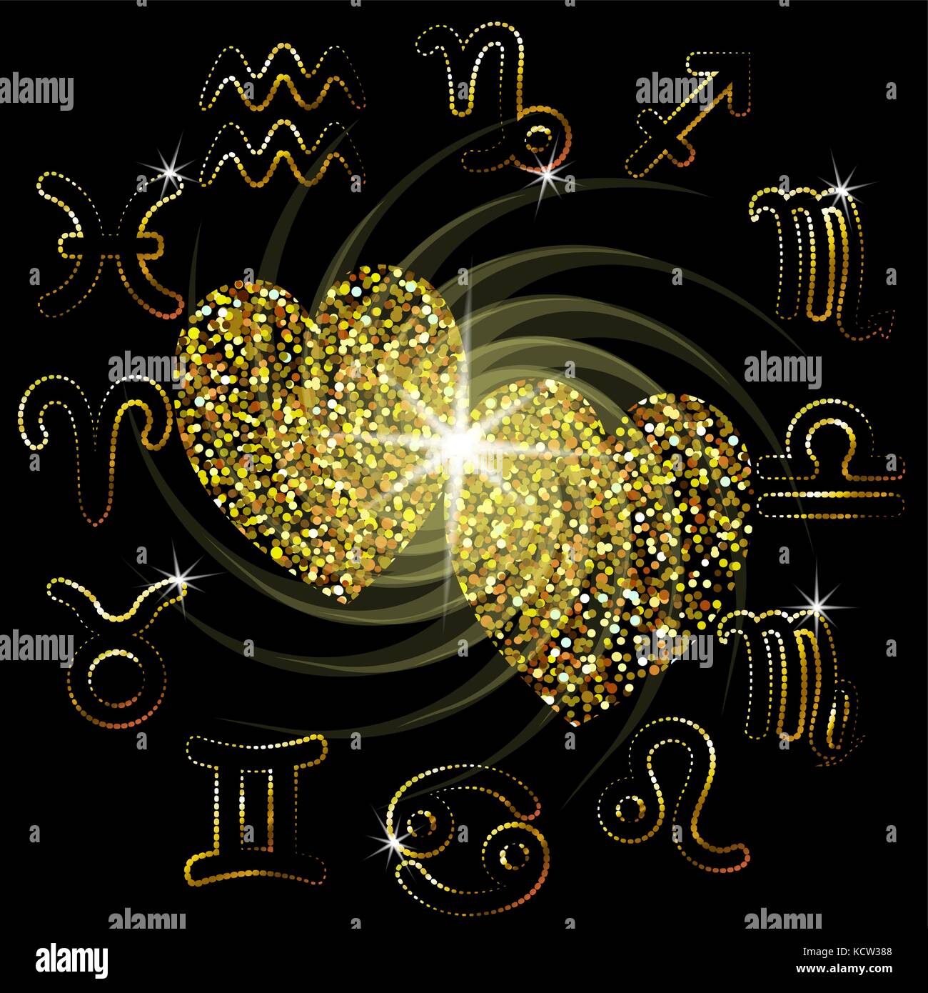 Love horoscope sparkling hearts zodiac gold. Vector illustration Stock