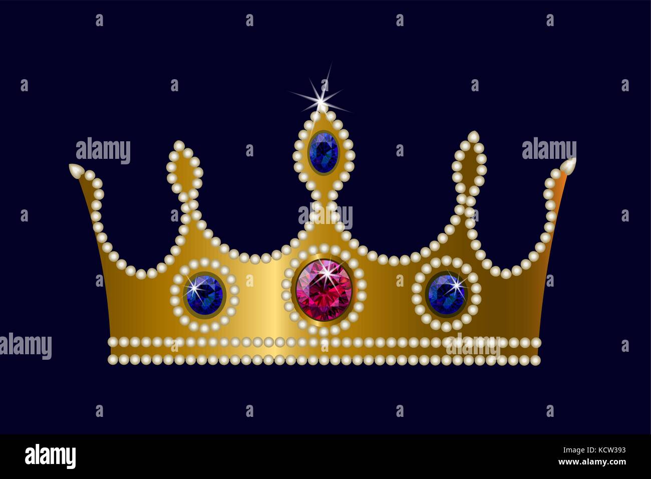 Gold crown on dark background ruby sapphire pearls. Vector illustration Stock Vector