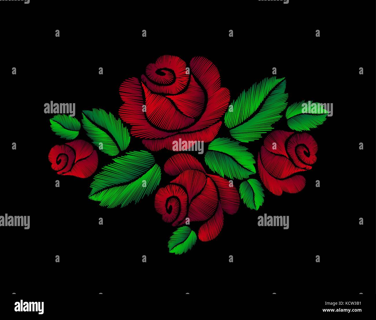 Red roses embroidery fashion hand drawn illustration flower vector