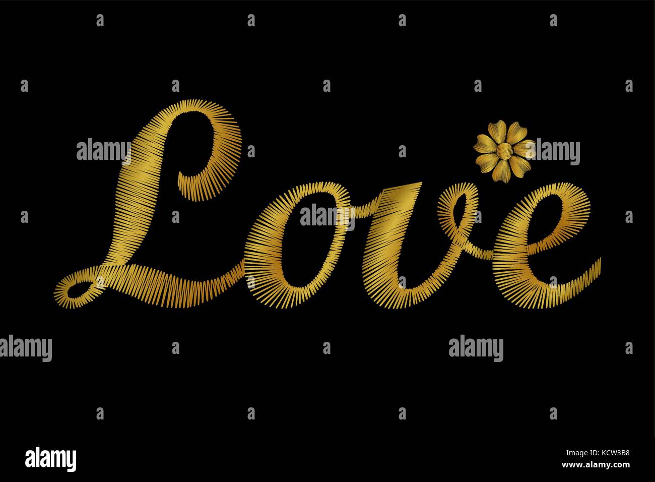 Embroidery lettering word Love. Golden stiches field daisy vector illustration vintage retro style Valentine Day Stock Vector